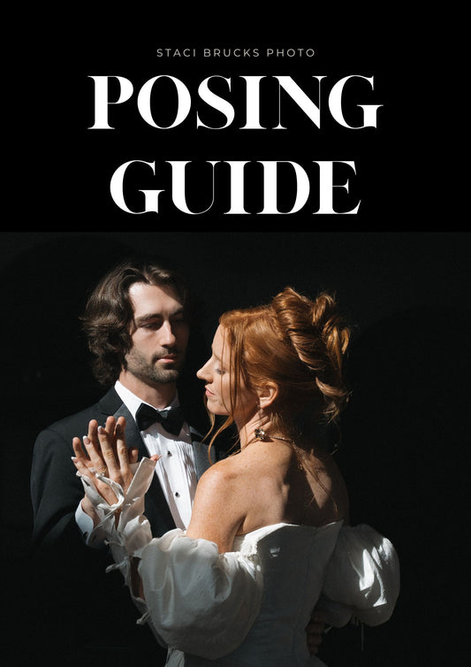 Cover image of Staci Brucks Photo Posing Guide featuring a couple in formal attire under dramatic lighting.